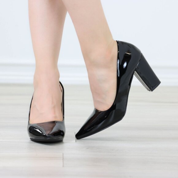 Classic Black Patent Block High Heel Slip On Pointed Toe Pumps Office Wear - Picture 7 of 10